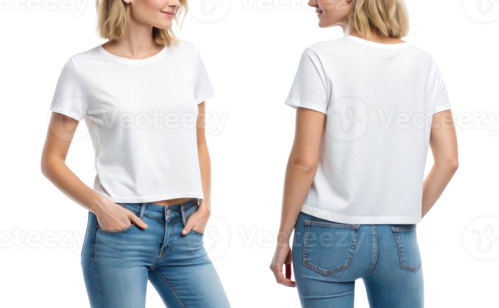 stylish woman wearing white cropped t shirt and blue jeans, showcasing front and back views png