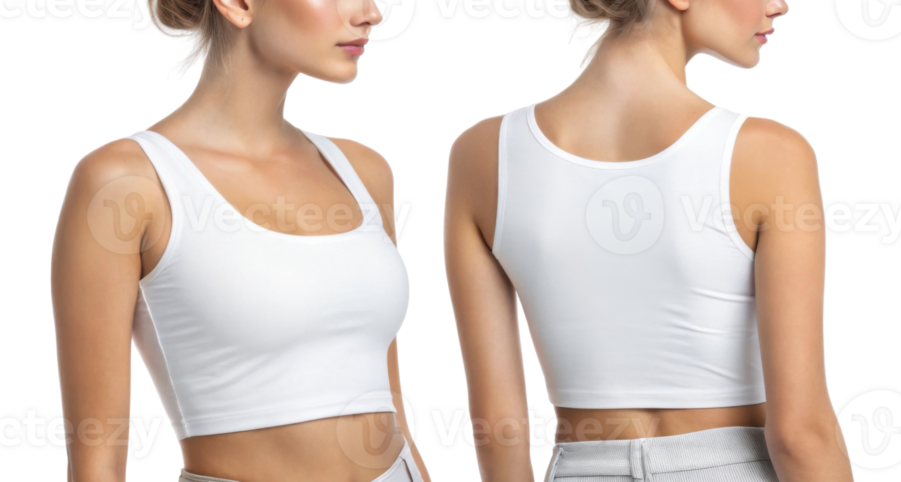 model showcasing white crop top from front and back, highlighting its stylish design and fit png