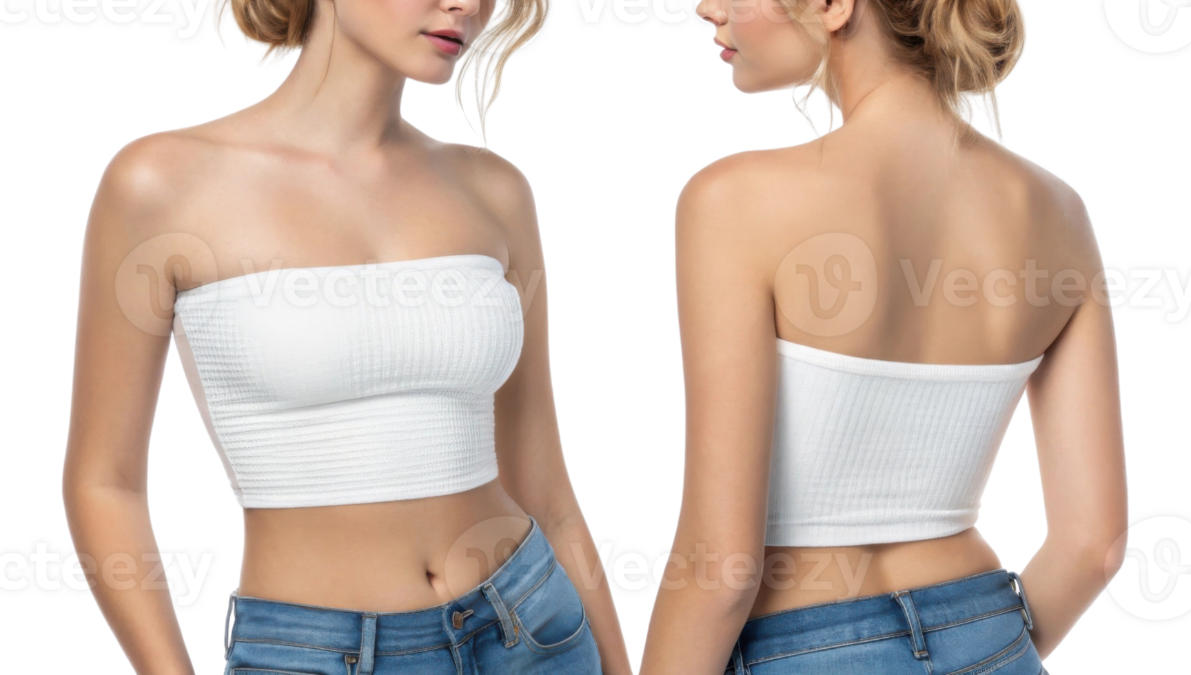 This features woman wearing white strapless top and blue jeans, showcasing stylish and casual look png