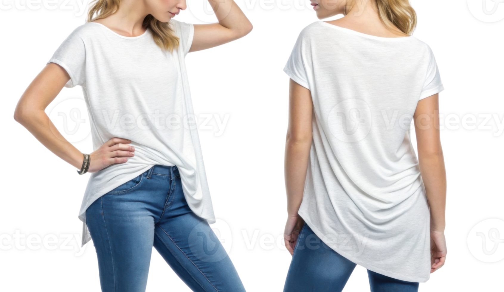 stylish woman wearing white casual top with unique draped design, paired with blue jeans, showcasing modern look png
