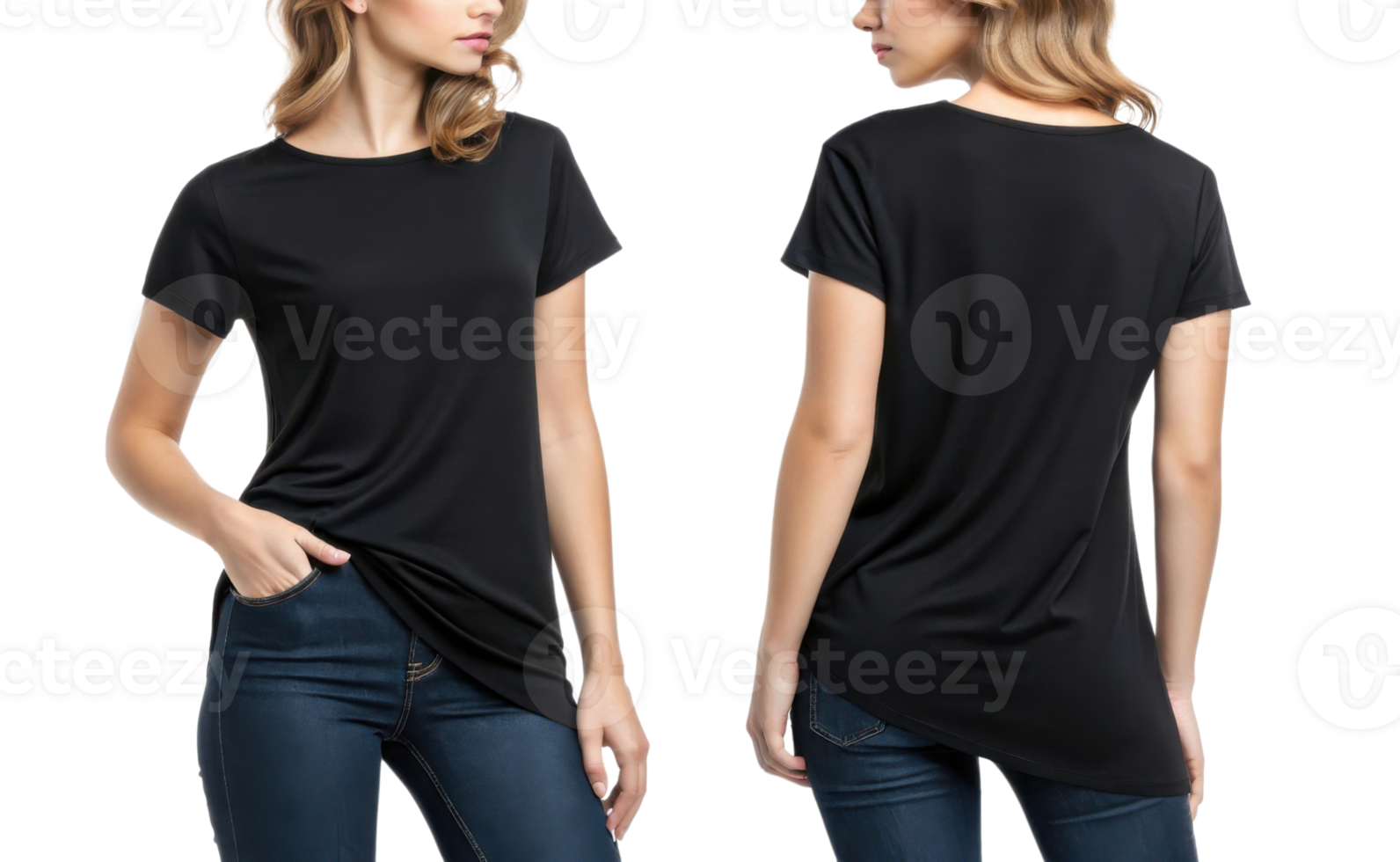 Black t shirt for women, casual style, front and back view, comfortable fit png