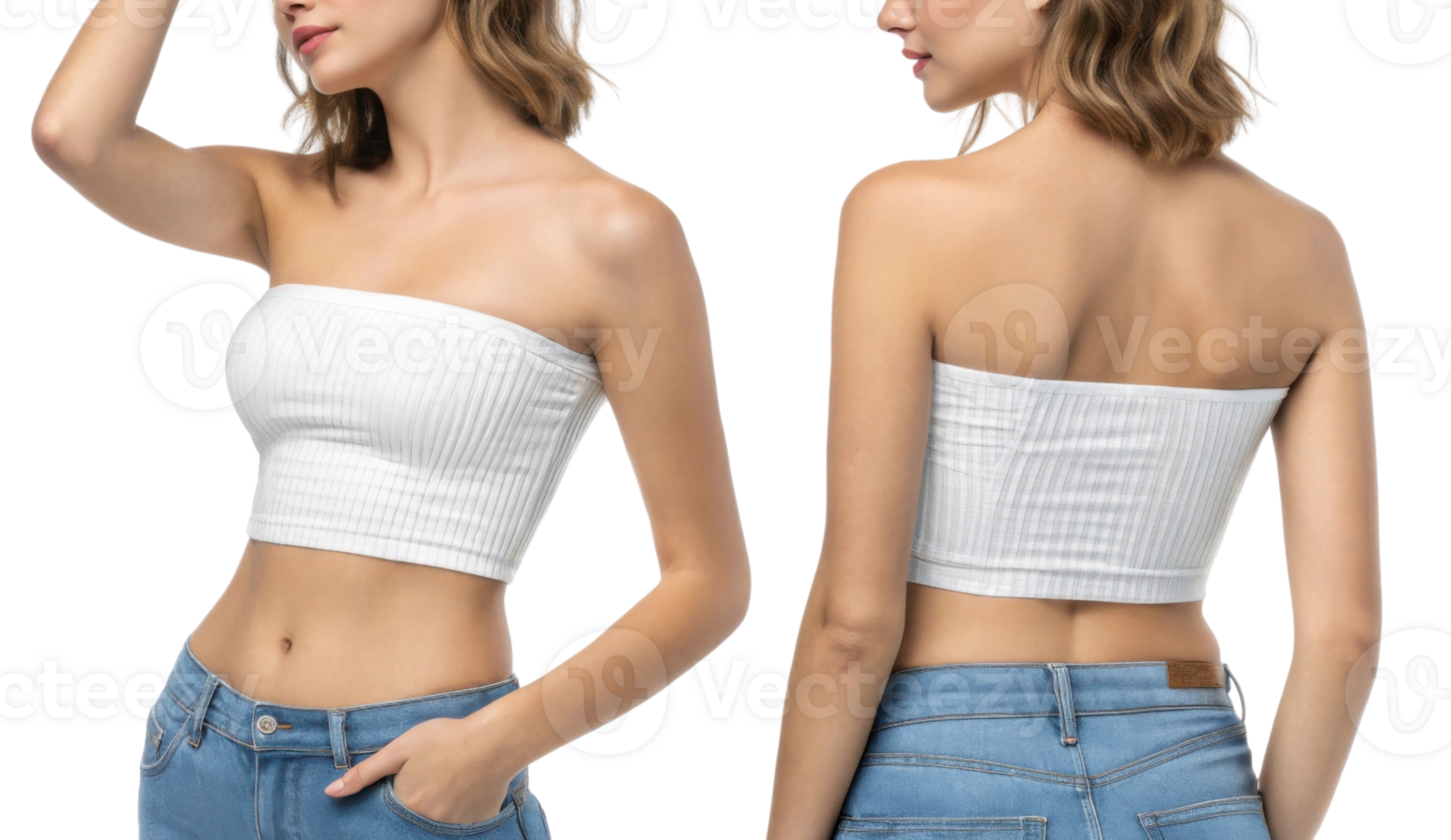 This features woman wearing white strapless top and blue jeans, showcasing casual and stylish look. focus is outfit and model png