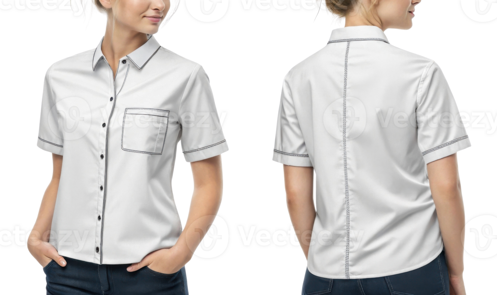stylish white short sleeve shirt with pocket and contrasting stitching, perfect for casual or professional wear png