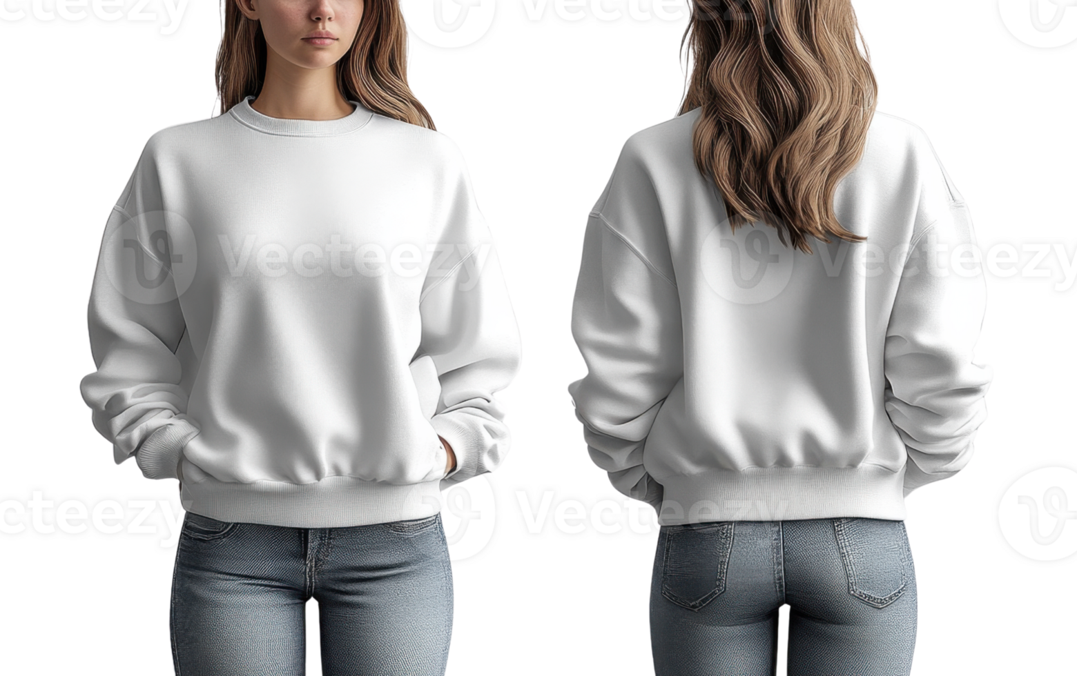 woman wearing white sweatshirt, front and back view, casual style png