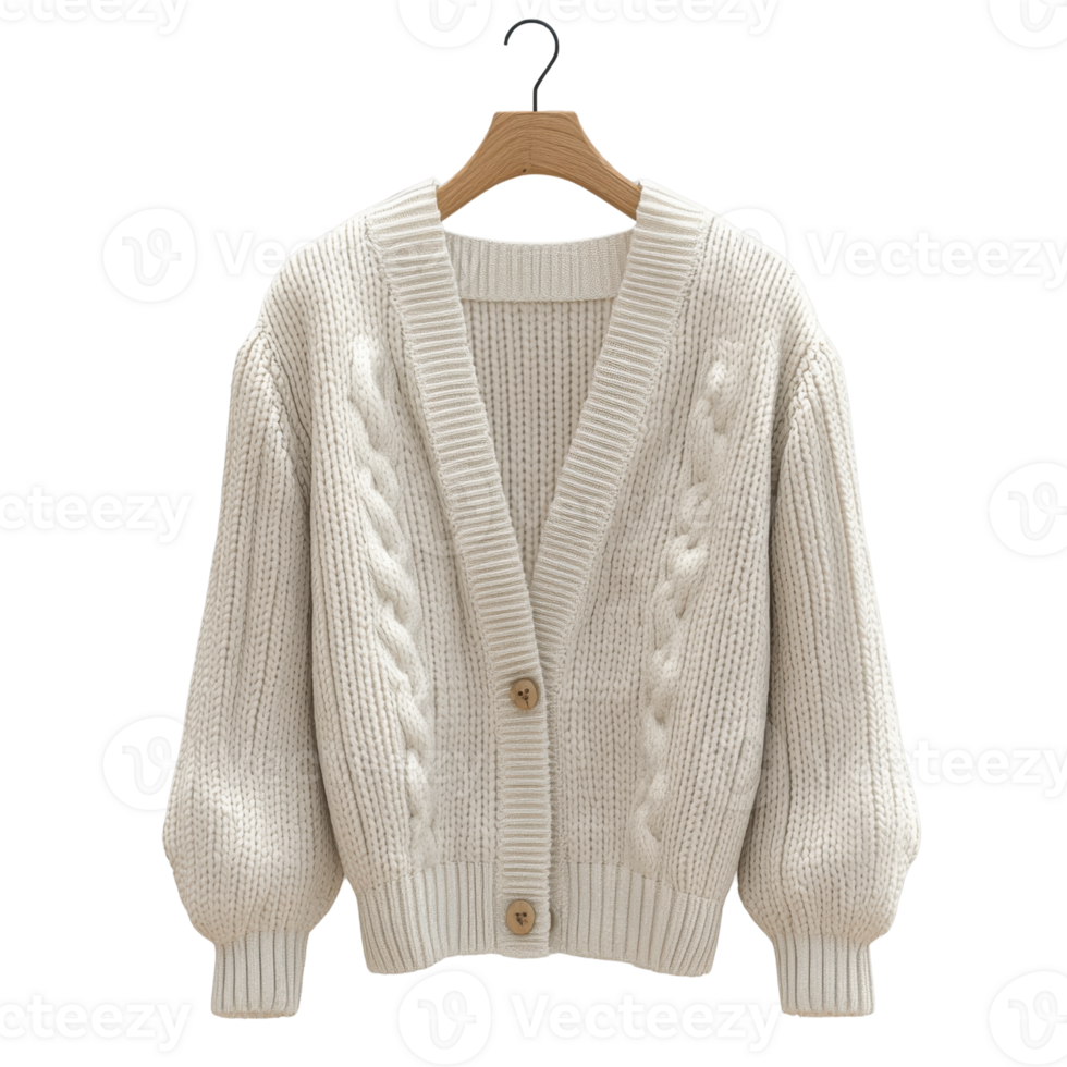 Cozy white knitted cardigan with oversized sleeves and buttons png