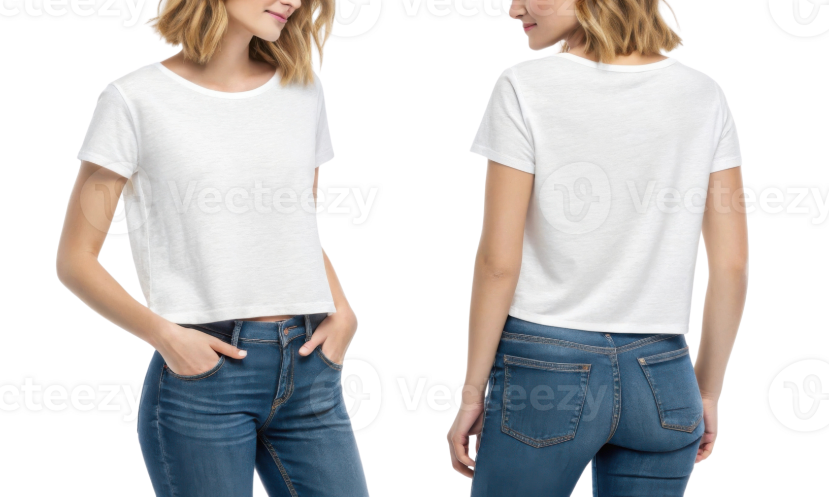 stylish woman wearing white cropped t shirt and blue jeans, showcasing casual look png
