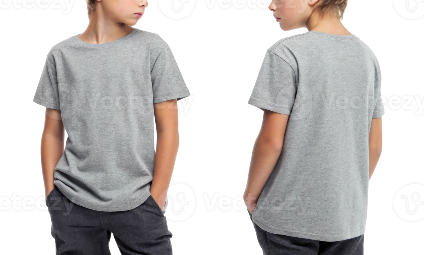 gray t shirt worn by boy, showcasing front and back views, casual style png