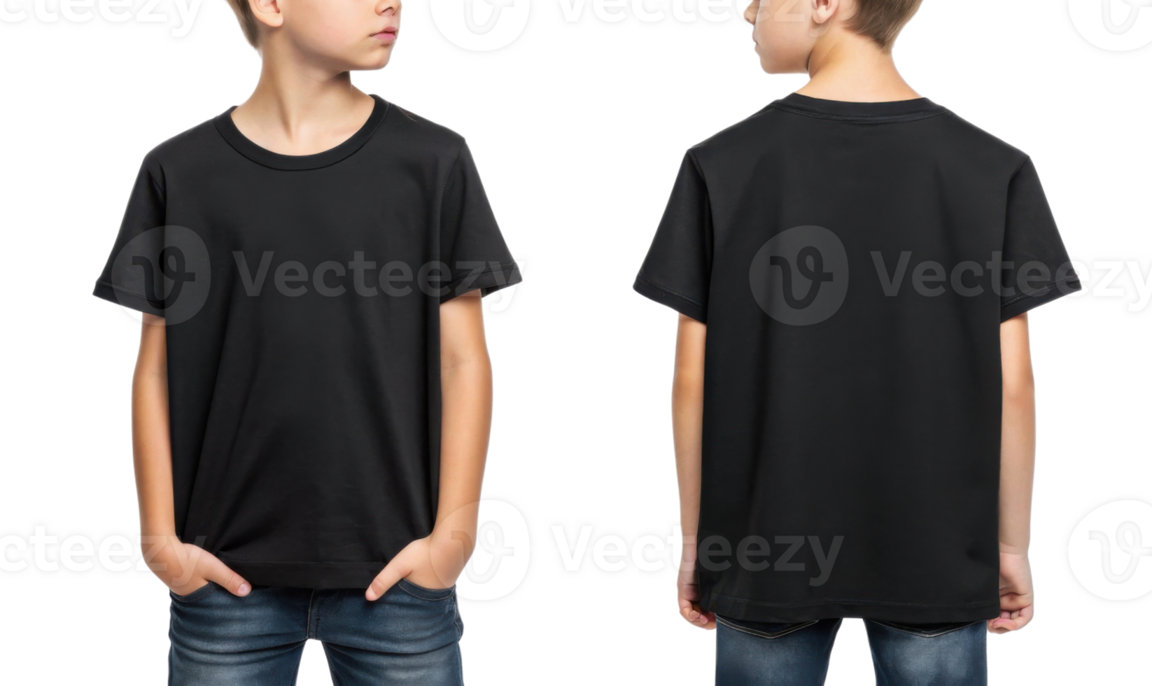 Black t shirt for kids, front and back view, casual style, plain design png