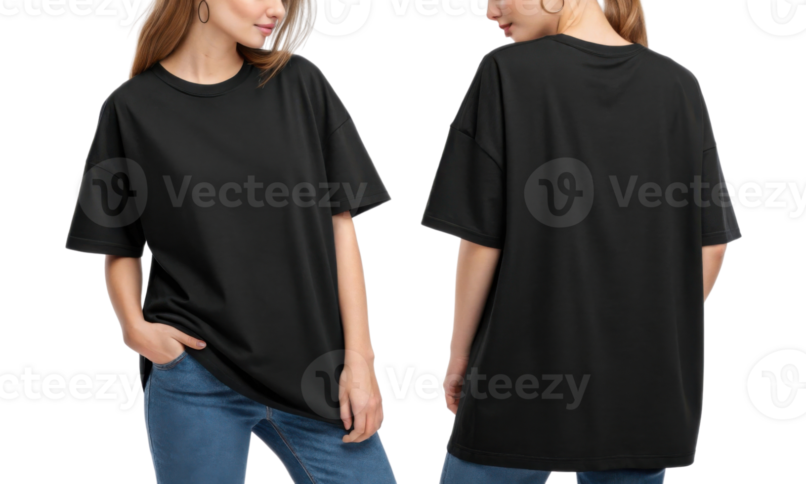Black oversized t shirt on model, casual style, front and back view png