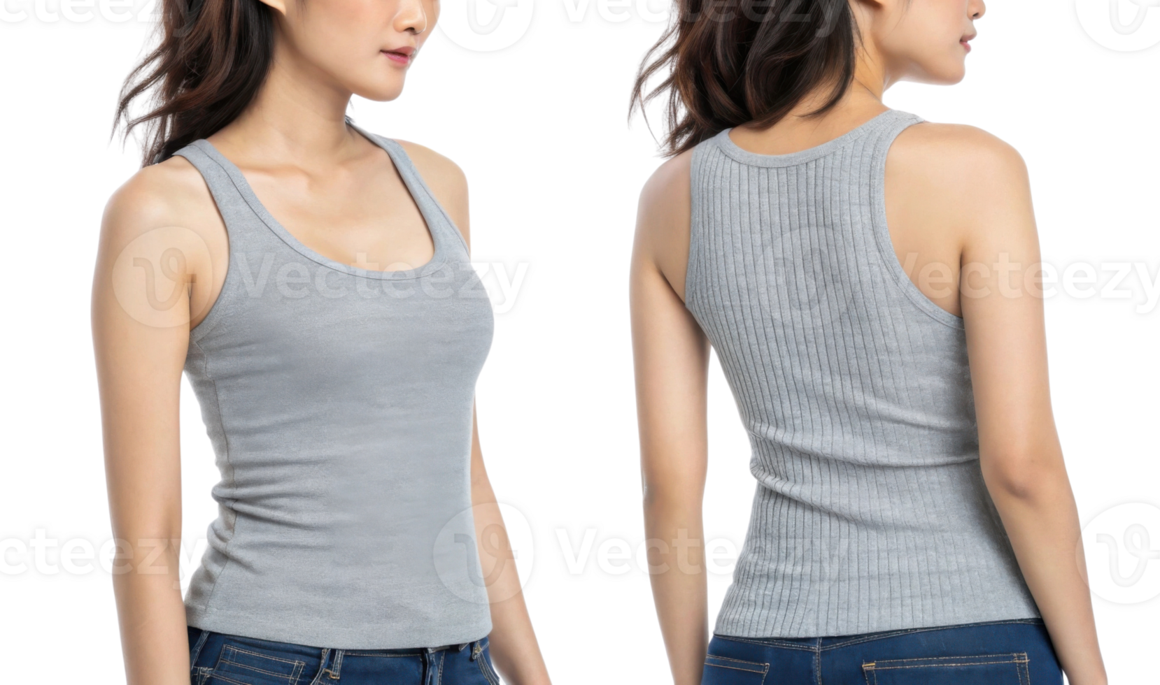 woman wearing gray tank top, showcasing front and back views, with casual style png