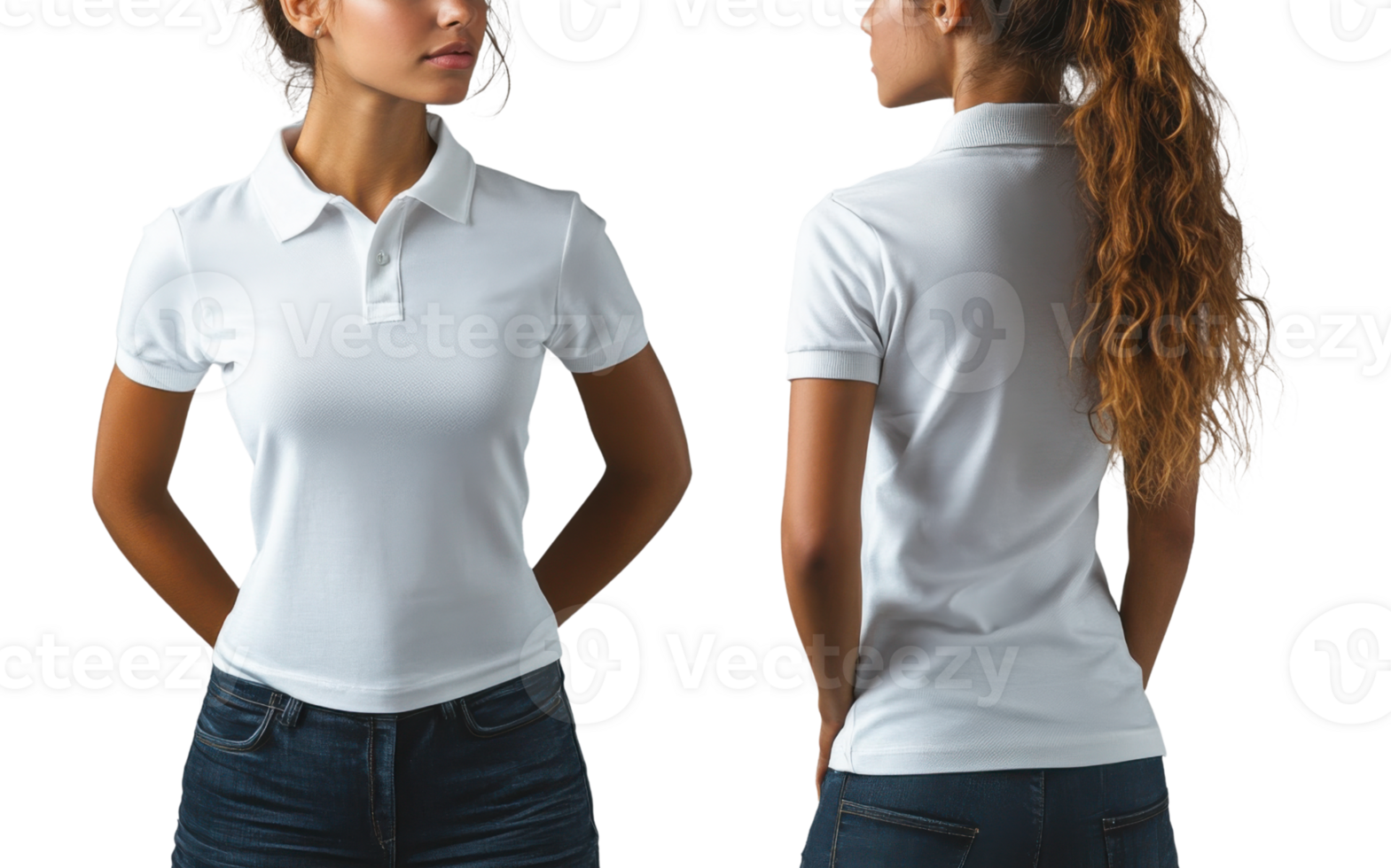 woman in white polo shirt poses from front and back, showcasing casual style png