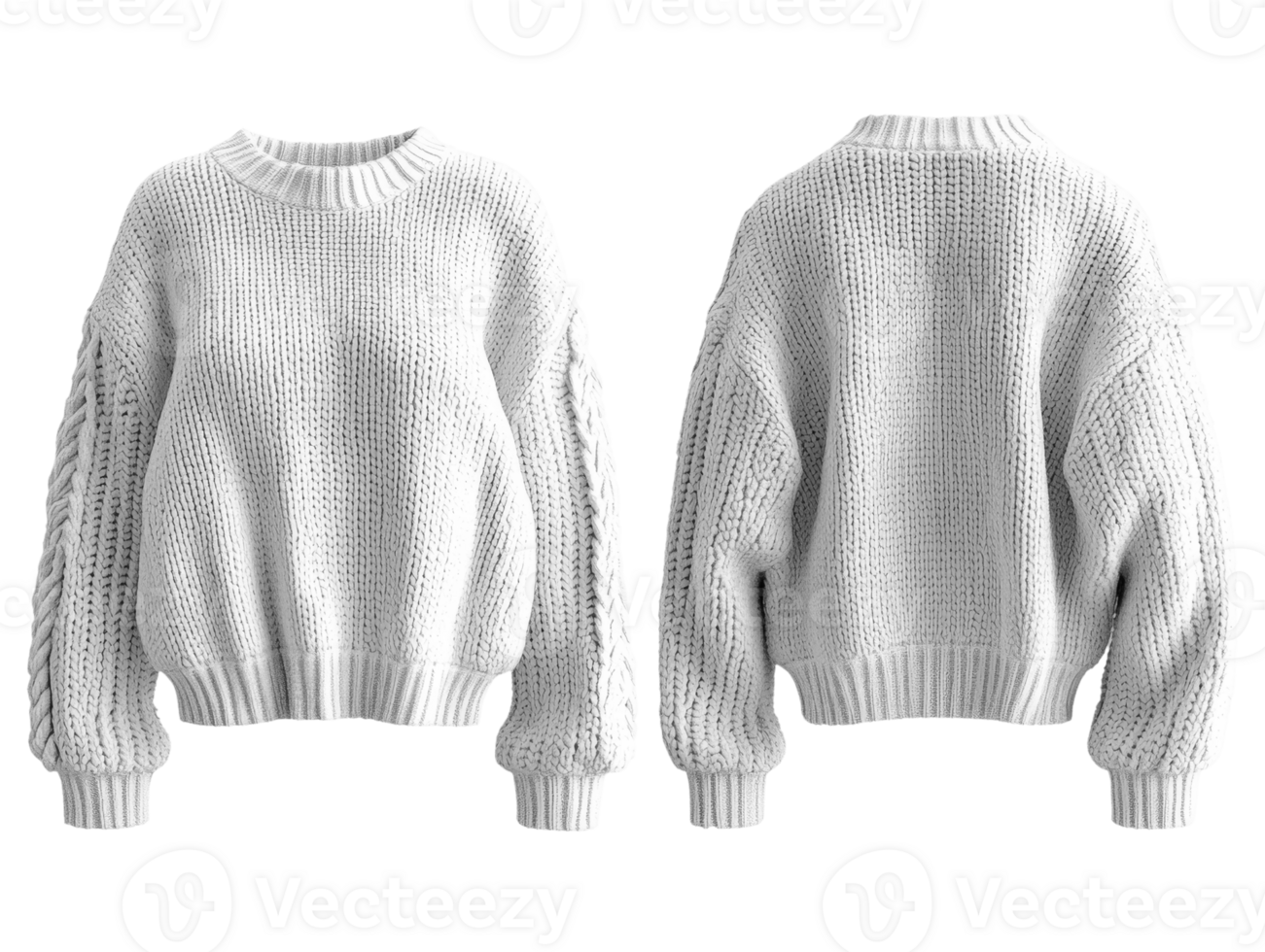 Cozy white knitted sweater with oversized sleeves and textured design png