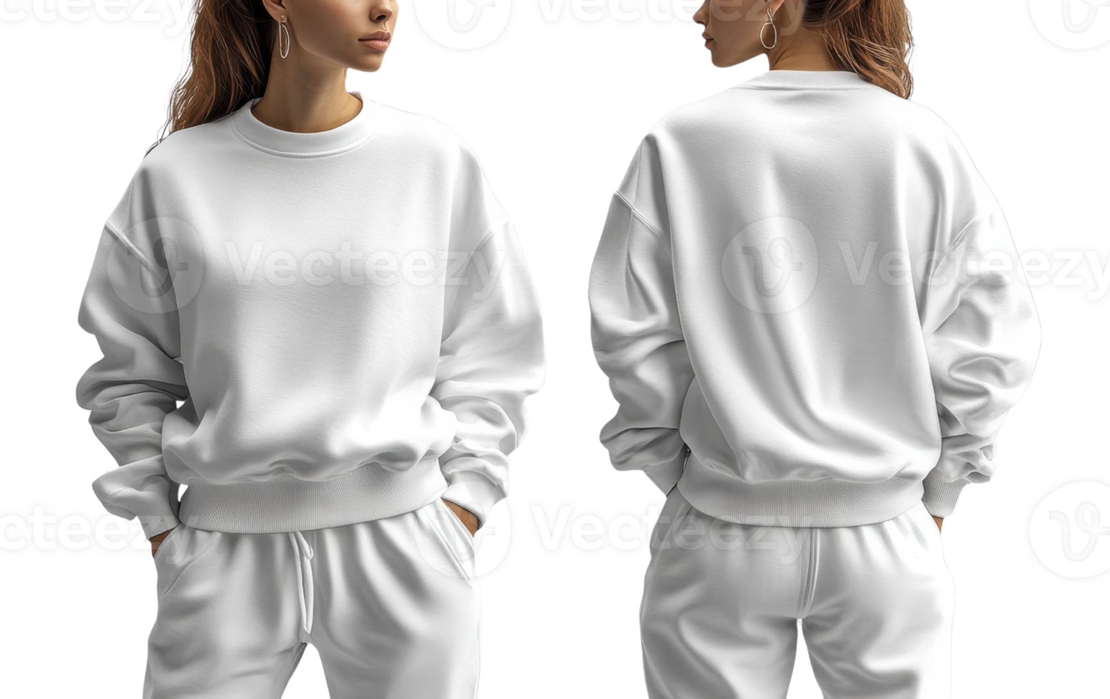 stylish woman wearing white oversized sweatshirt and matching pants, showcasing casual look png