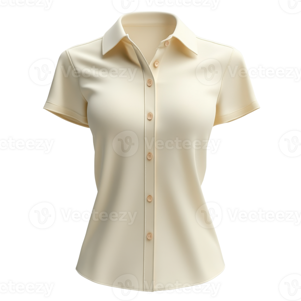 short sleeve, cream colored blouse with button up front and collar, perfect for casual or professional wear png