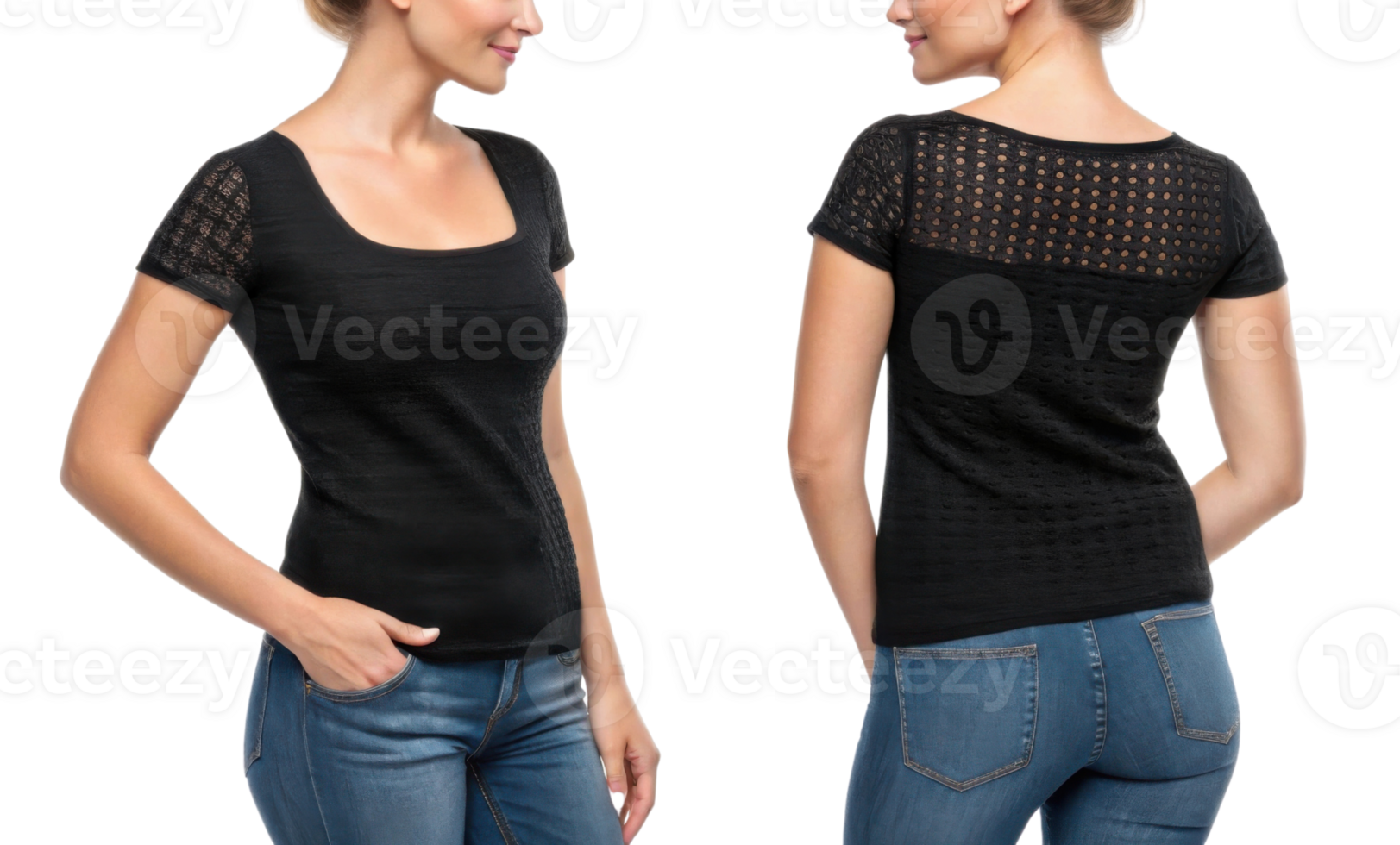 Black short sleeve top with lace detail, stylish and versatile for casual wear png