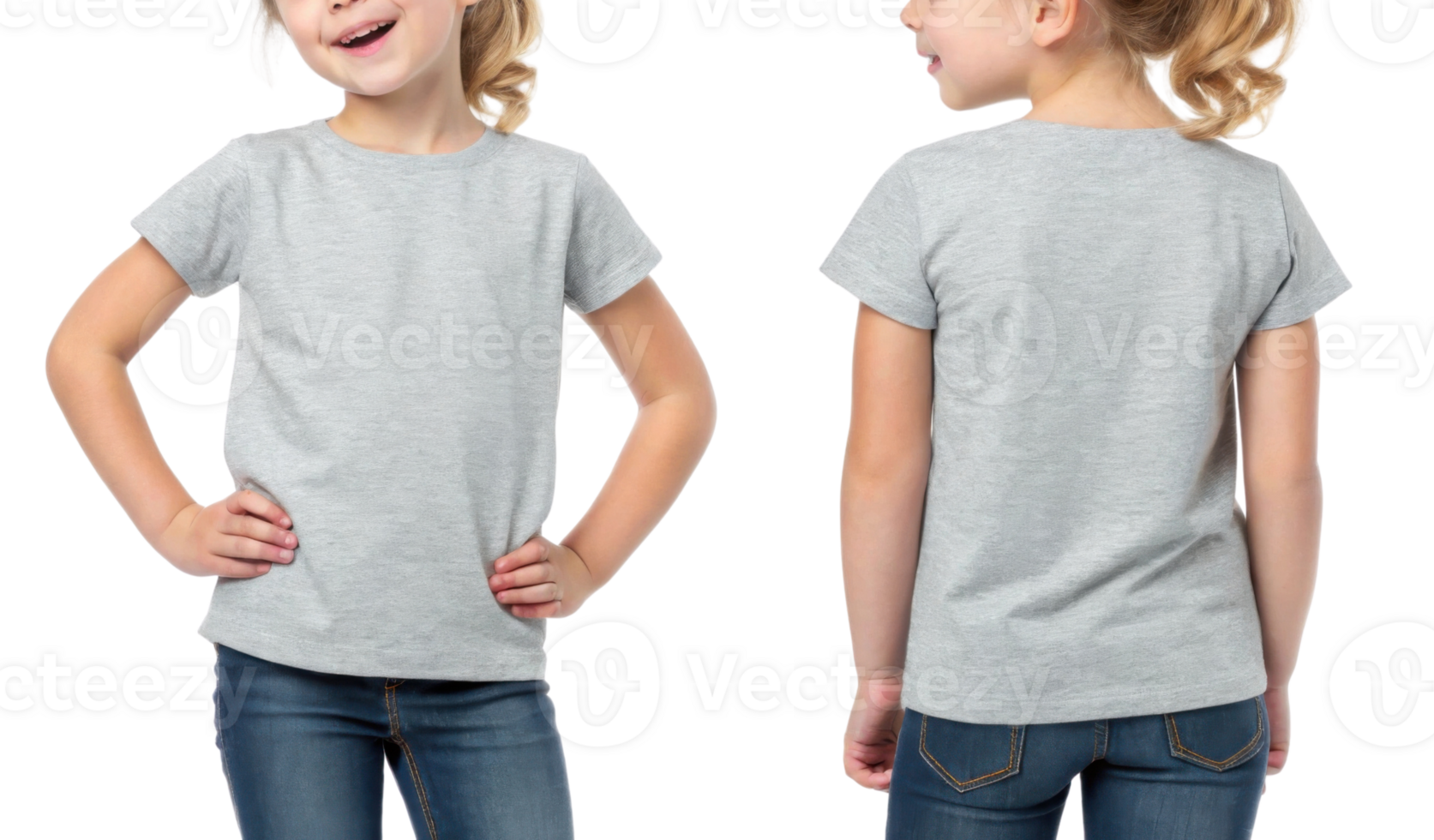 This features girl wearing gray t shirt, showcasing both front and back views. playful expression adds cheerful vibe to scene png