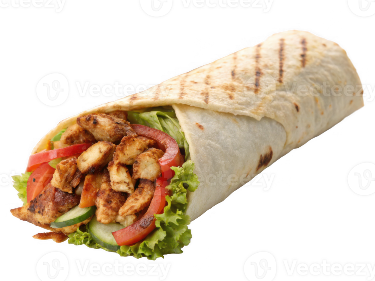 Delicious shawarma wrap with grilled chicken, fresh vegetables, and lettuce png