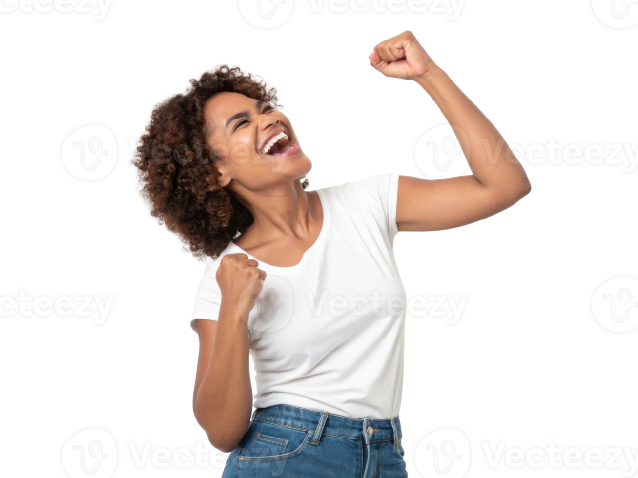 Happy woman celebrating success with raised fists and joyful expression png