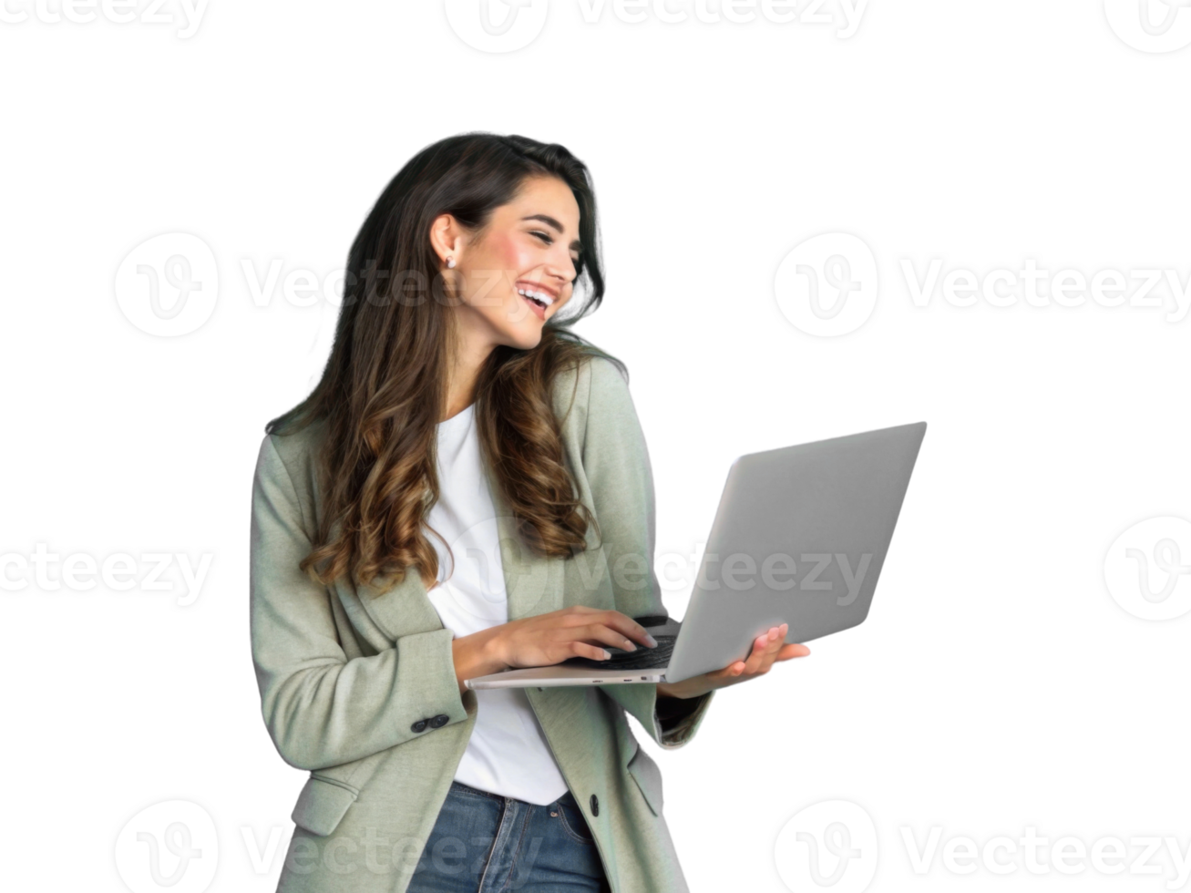Smiling woman using laptop, casual outfit, modern workspace, technology png