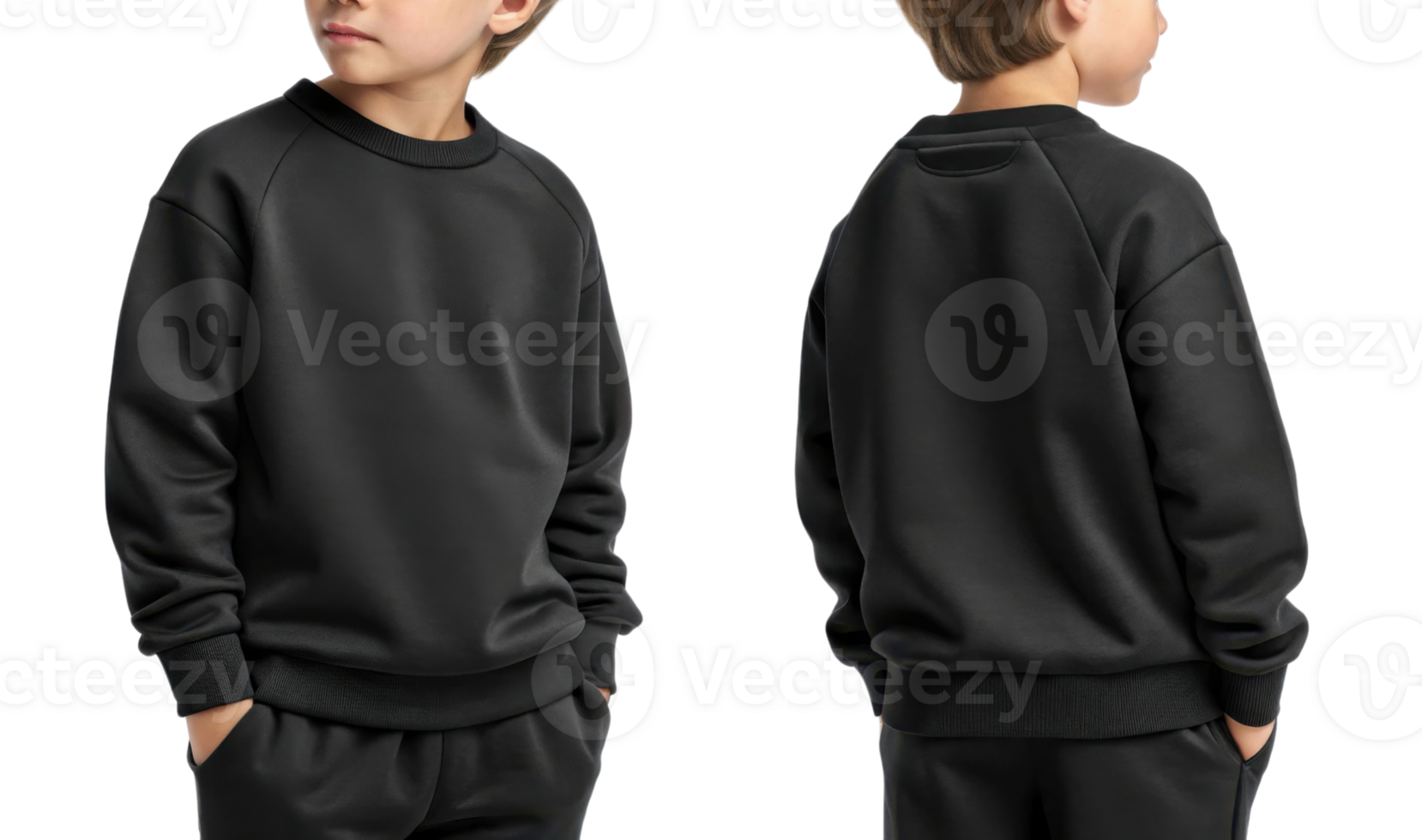 child wearing black sweatshirt, showcasing front and back views, casual style png