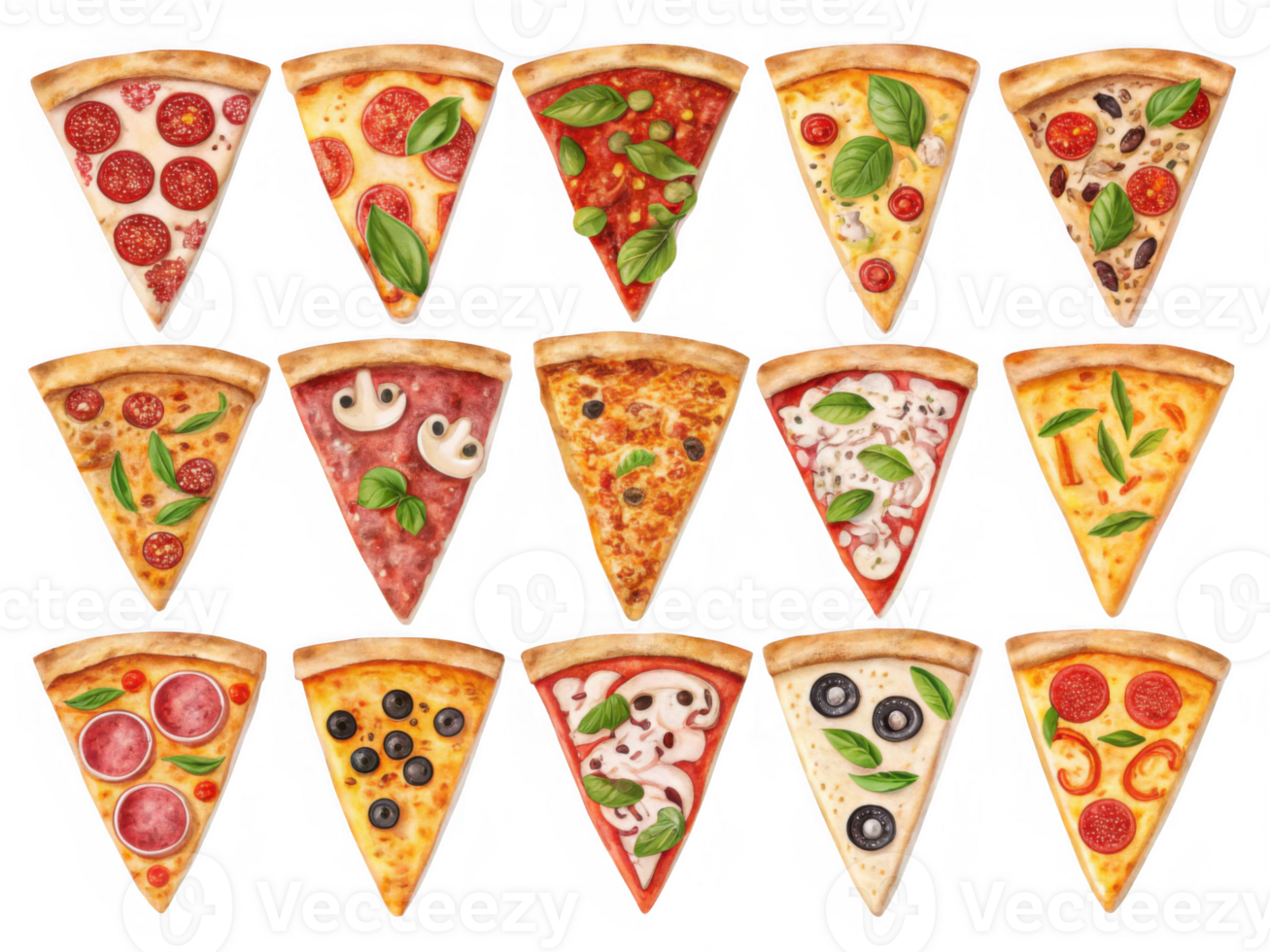 Delicious collection of 12 pizza slices featuring various toppings and styles png