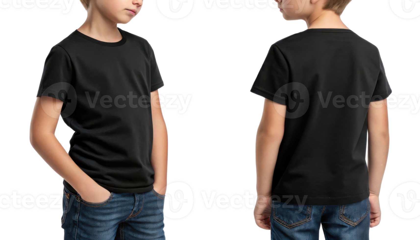 plain black t shirt displayed on child from front and back, showcasing its simple design and fit png