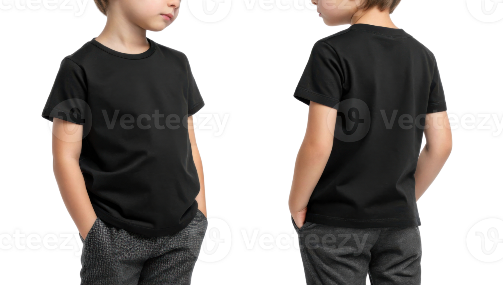 child wearing black t shirt, front and back view, casual style png