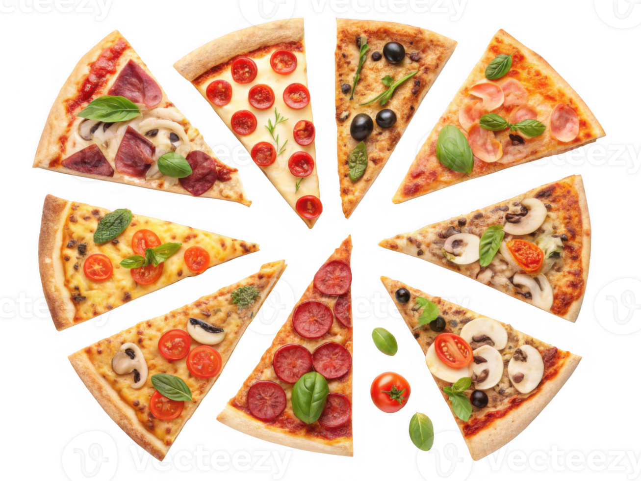 Delicious assortment of pizza slices featuring various toppings and flavors png