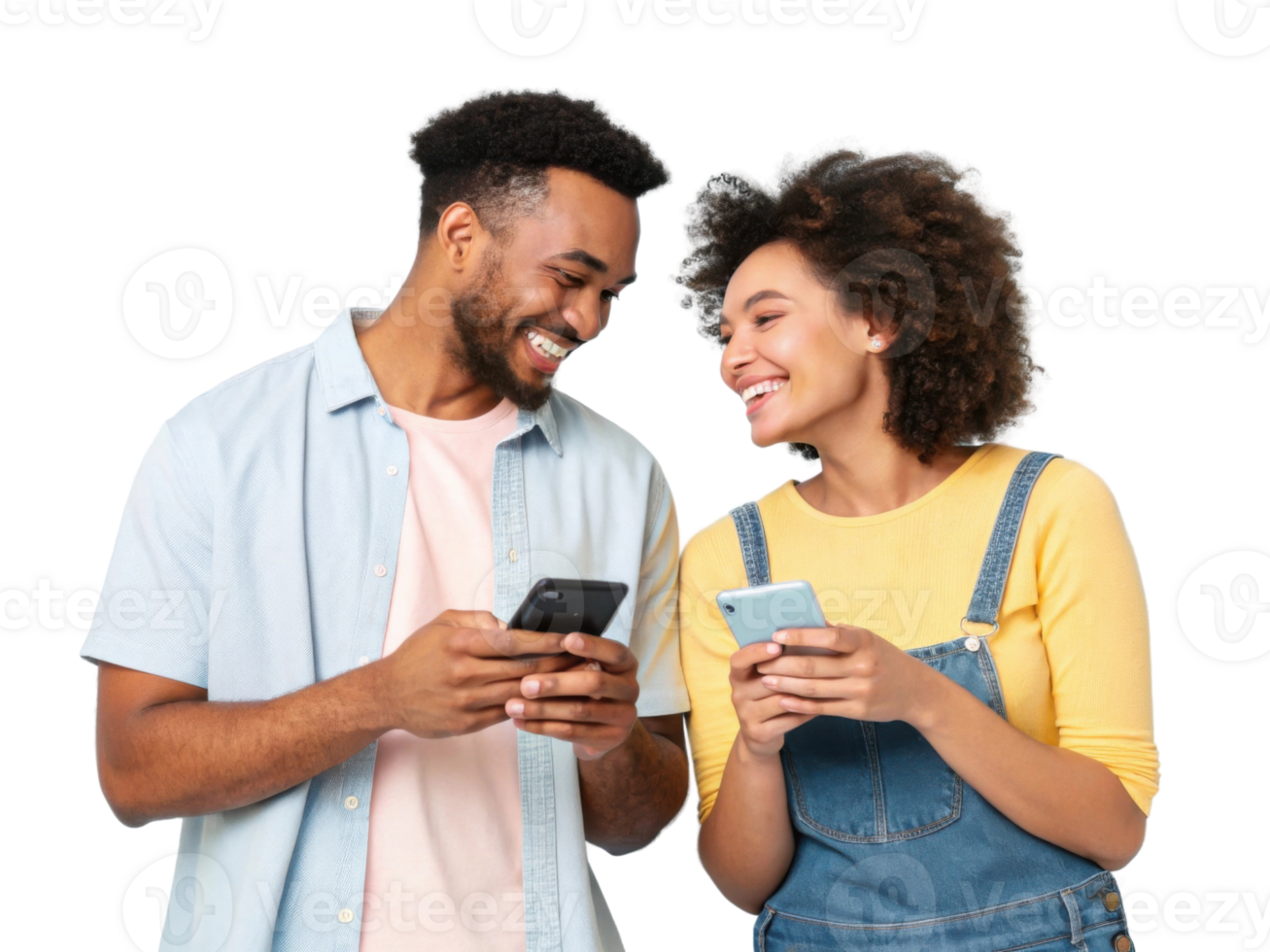 Happy couple using smartphones together, enjoying their time png