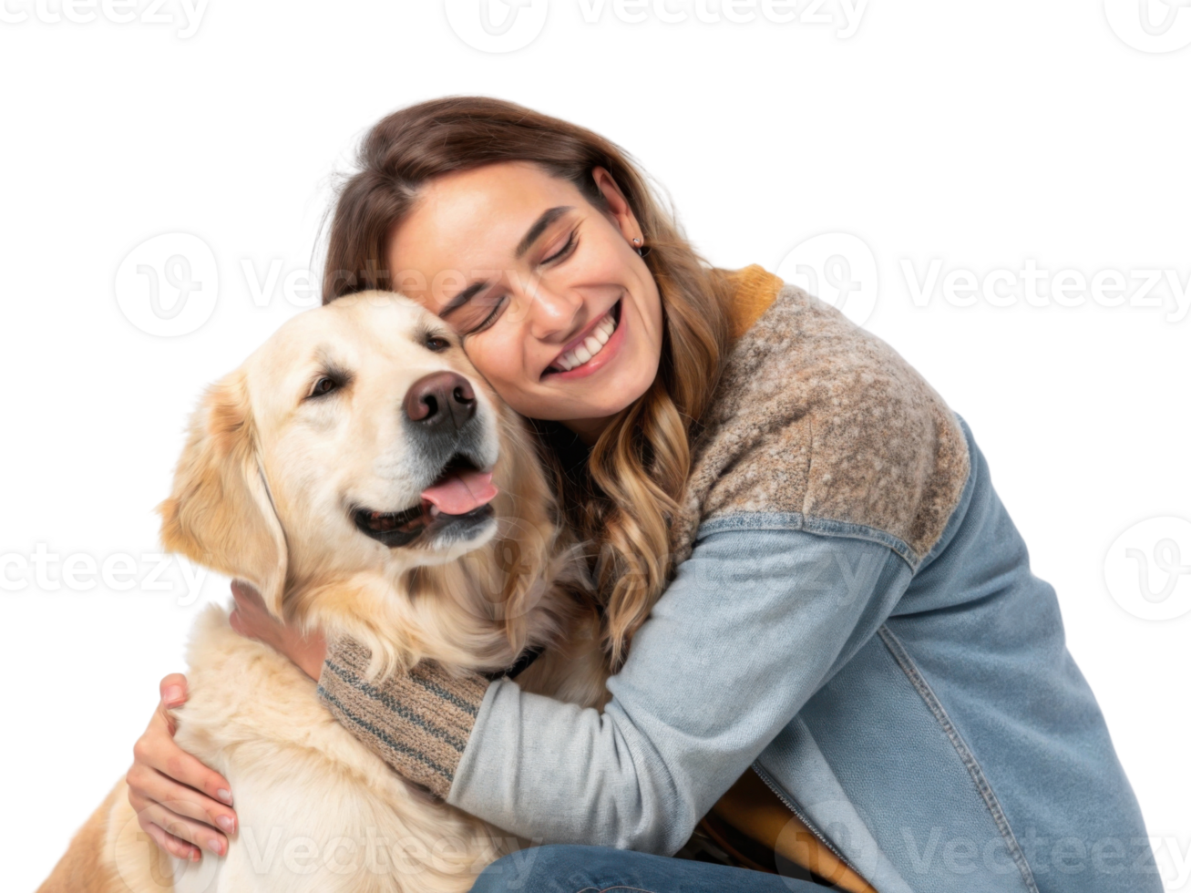 woman joyfully hugs golden retriever dog, showcasing loving bond png