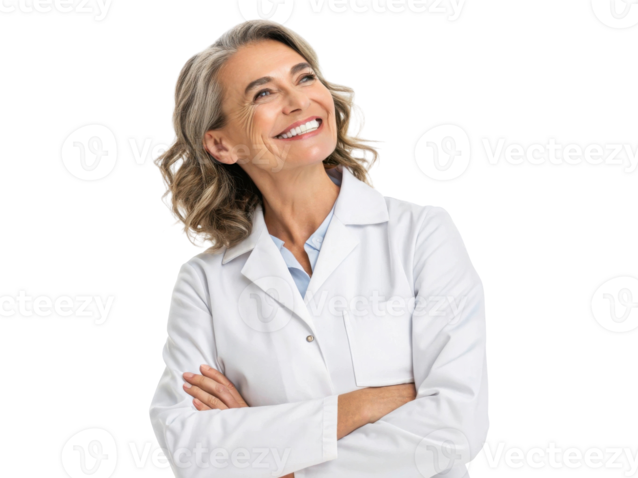 Smiling woman in white lab coat, looking confidently upward, expressing positivity and professionalism png