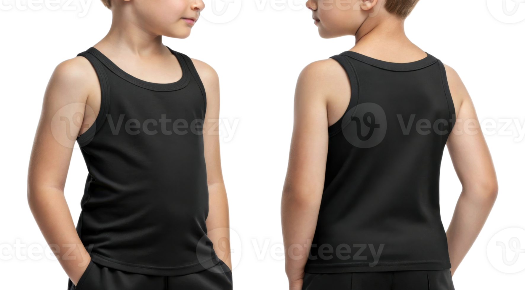 child wearing black tank top, showcasing front and back views, with casual pose png