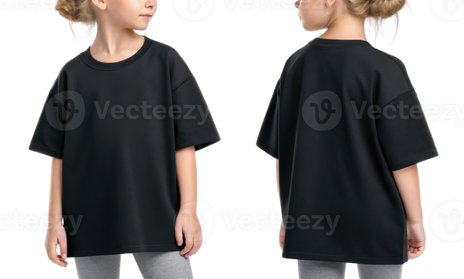 child wearing black oversized t shirt, showcasing front and back views png