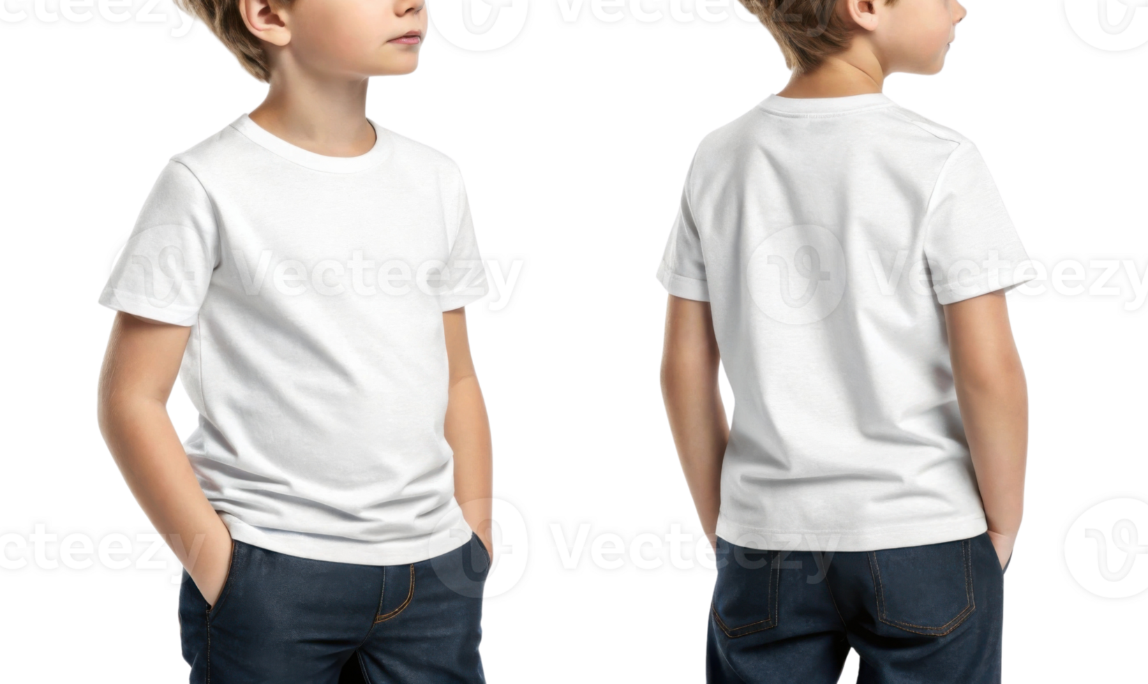 boy wearing plain white t shirt, standing with hands in pockets, showcasing front and back views png