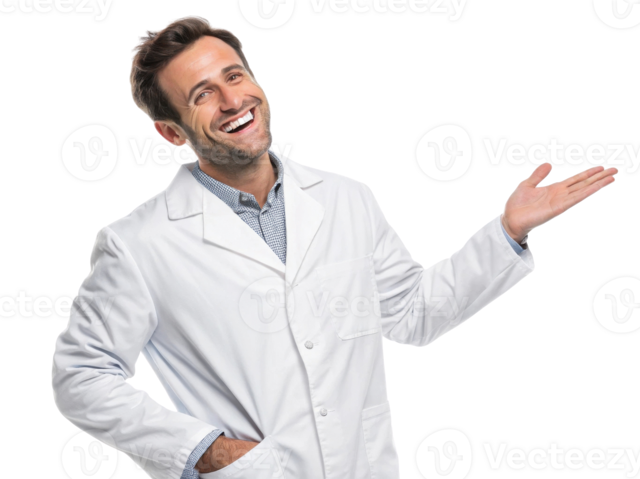 Smiling man in white lab coat, presenting with welcoming gesture, exuding confidence and professionalism png