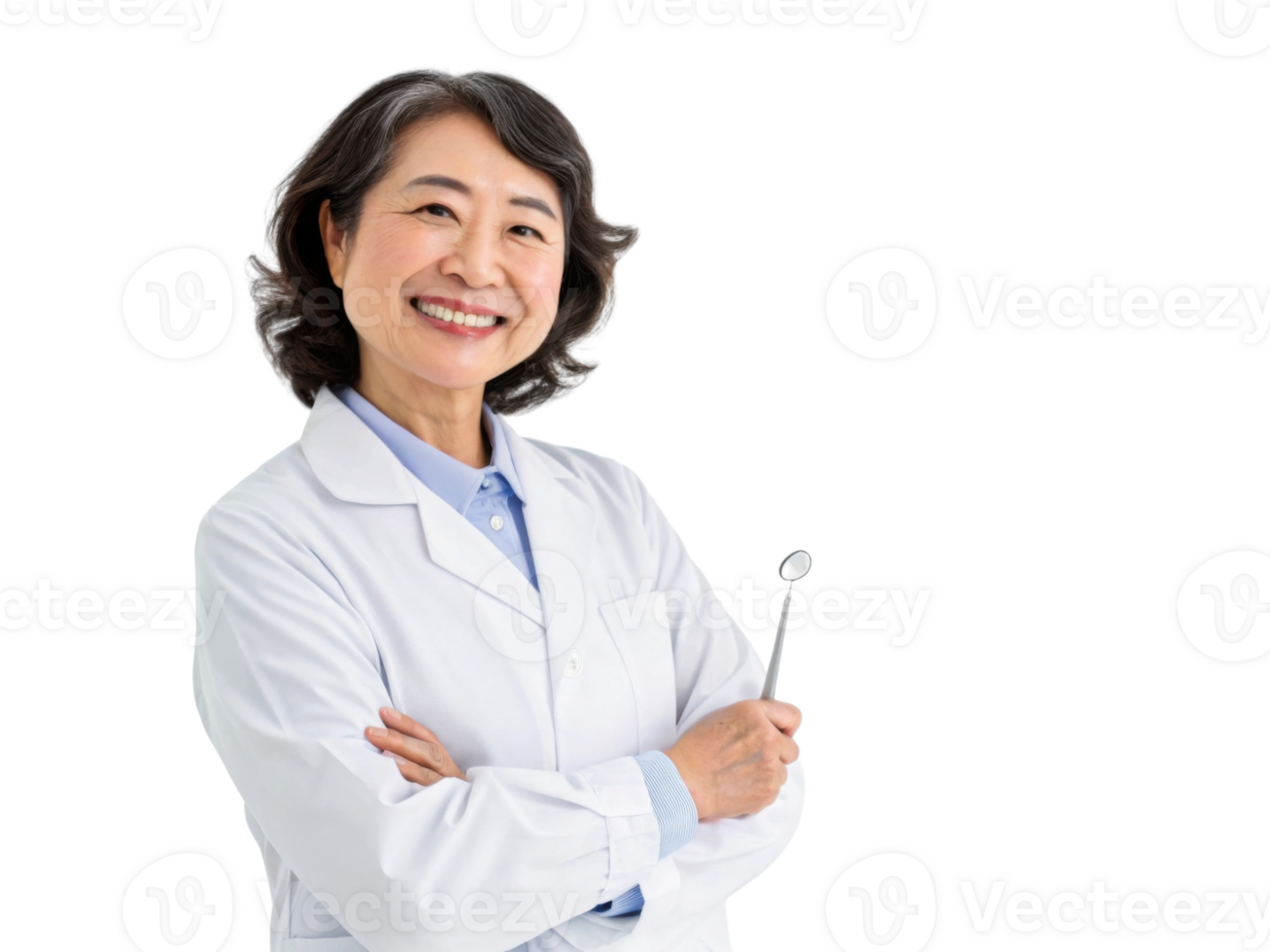 Smiling female dentist in white coat holding dental tool, confident and professional png