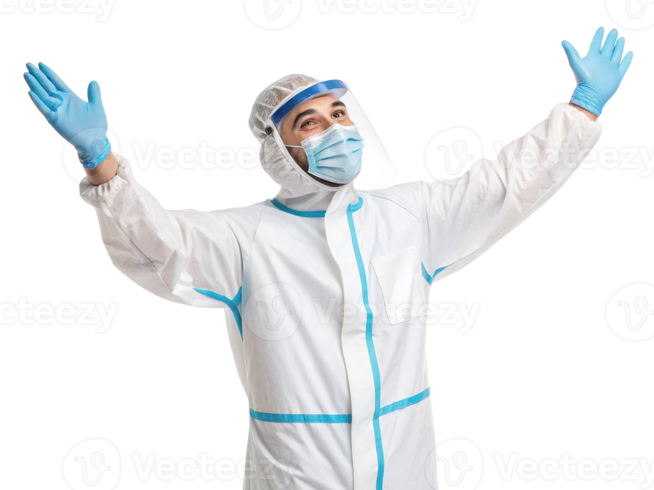 Healthcare worker in protective suit celebrating with raised arms, expressing joy and relief png