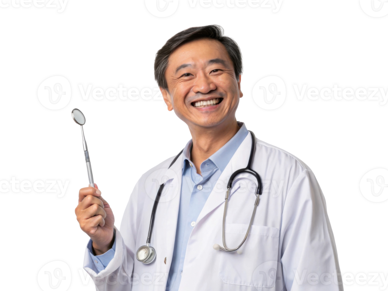 Smiling doctor holding dental mirror, wearing white coat and stethoscope, promoting health png