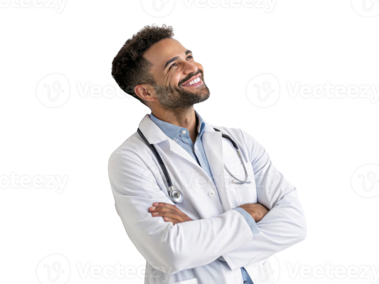 Smiling doctor in white coat with stethoscope, looking up confidently png