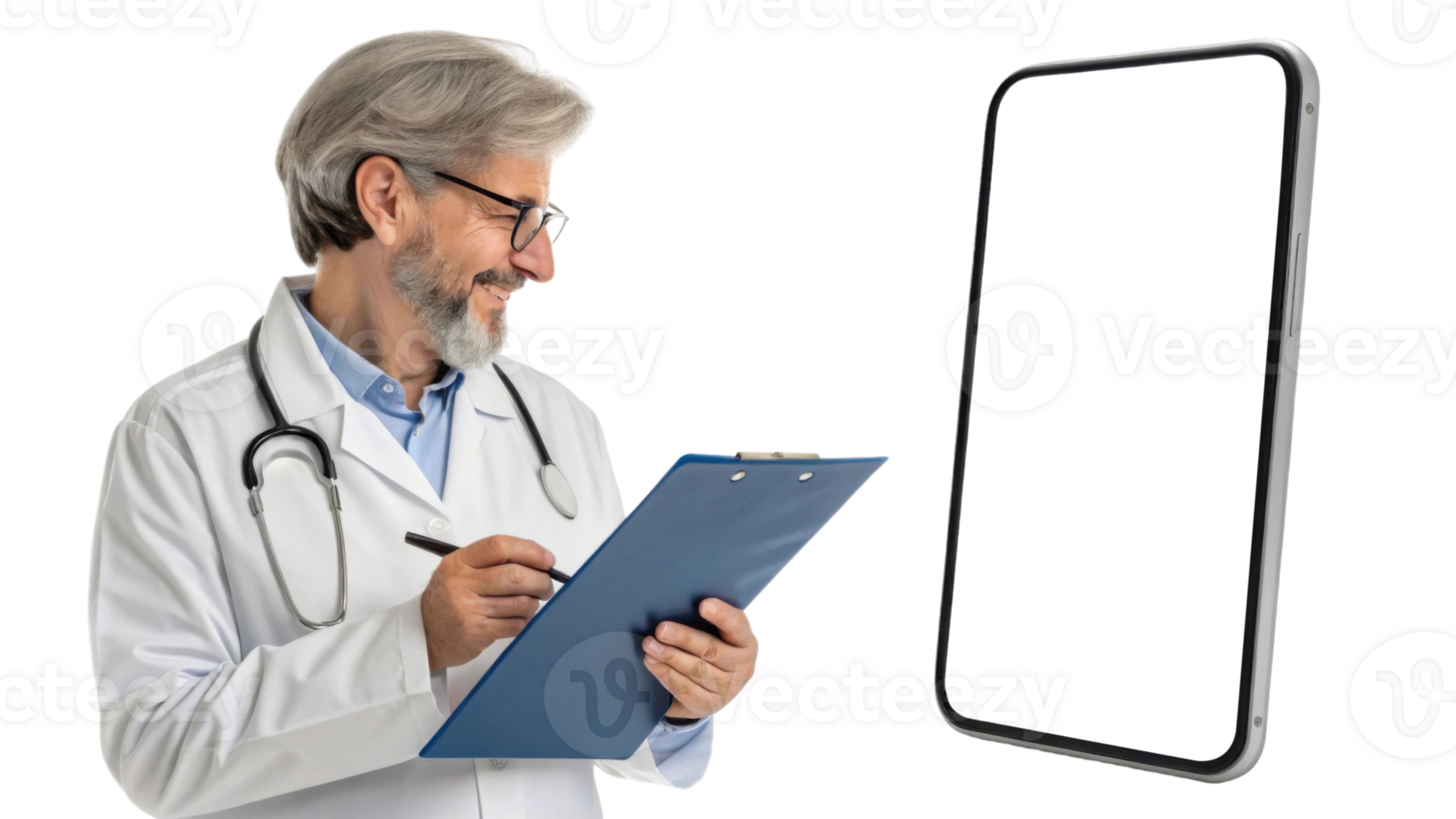 smiling doctor in white coat holding clipboard and looking at smartphone png