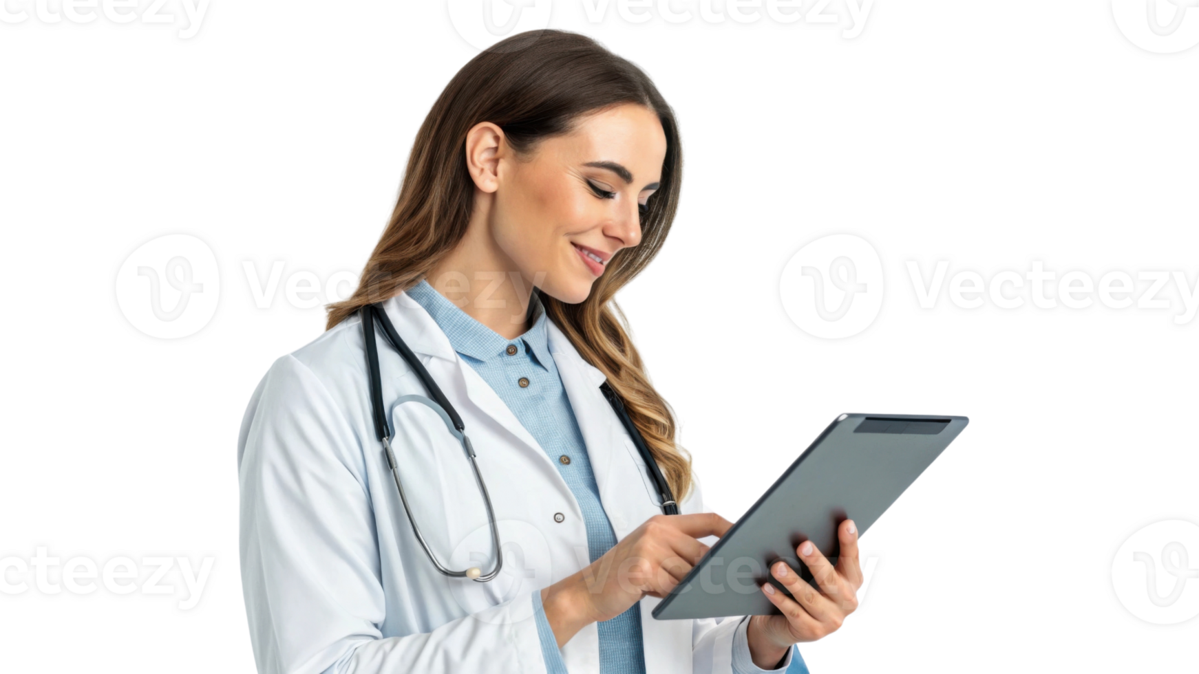 female doctor in white coat using tablet, smiling and engaged png