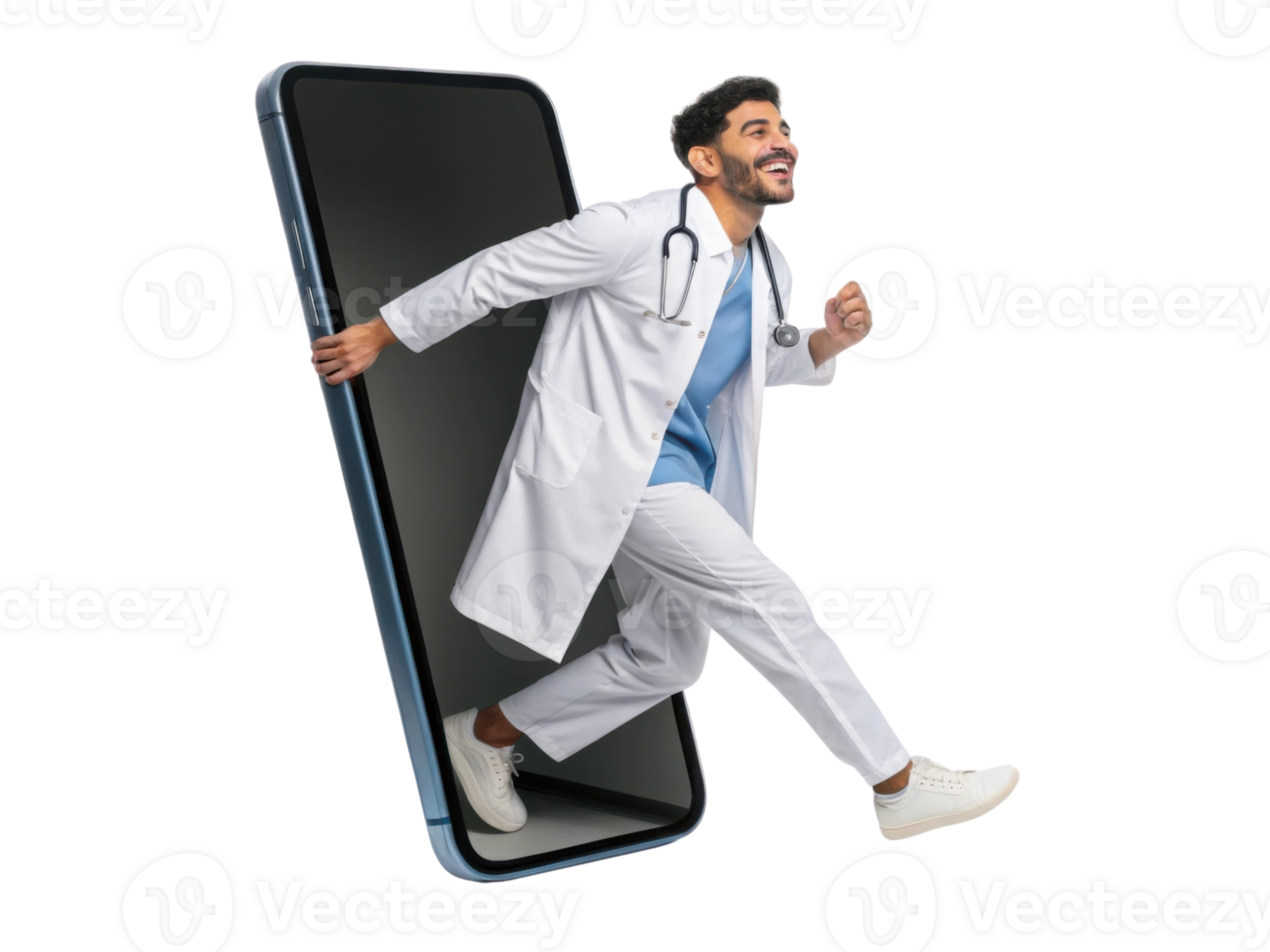 Doctor emerging from smartphone, symbolizing telemedicine and healthcare innovation png