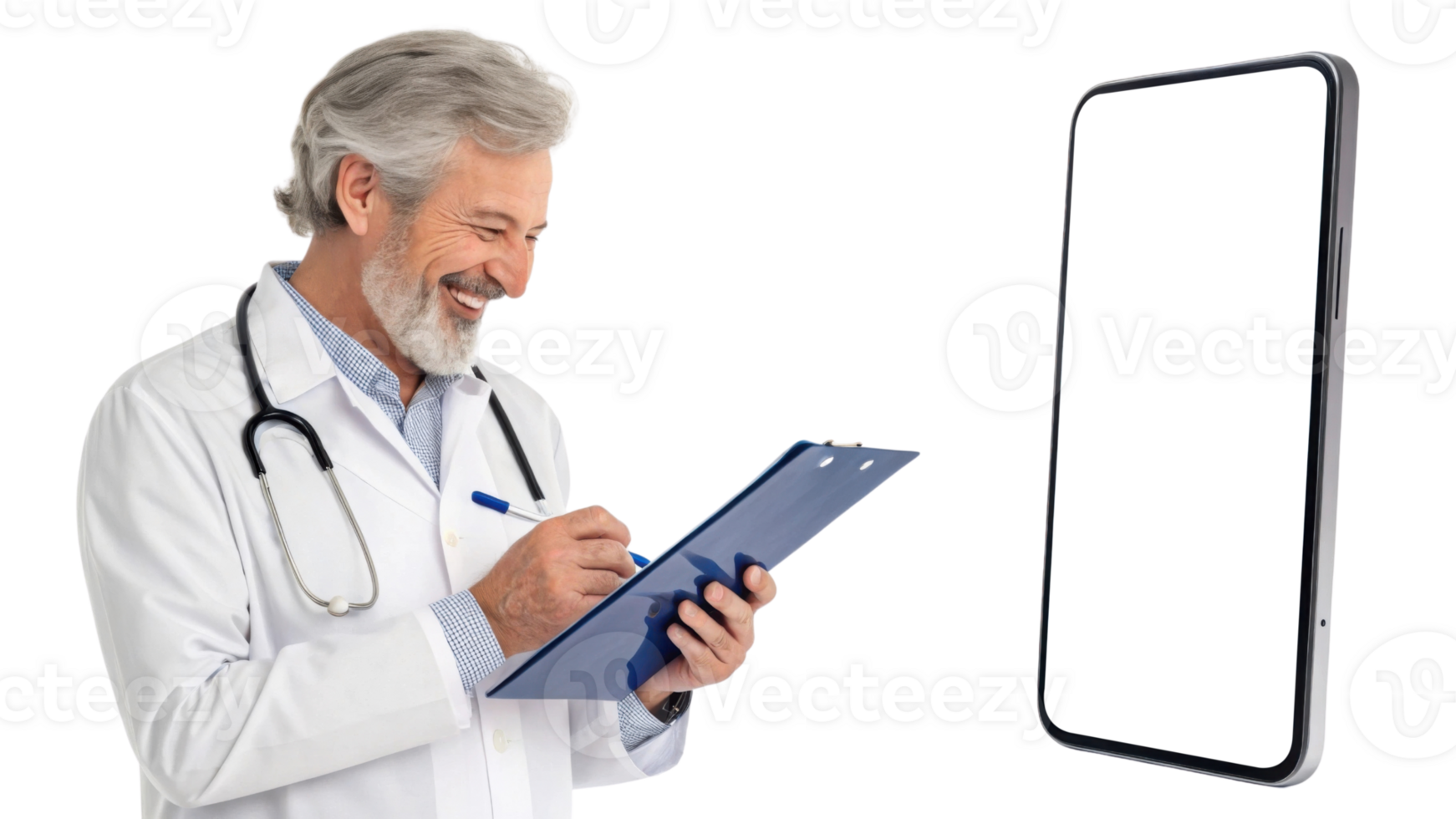 smiling doctor in white coat writing on clipboard next to smartphone png