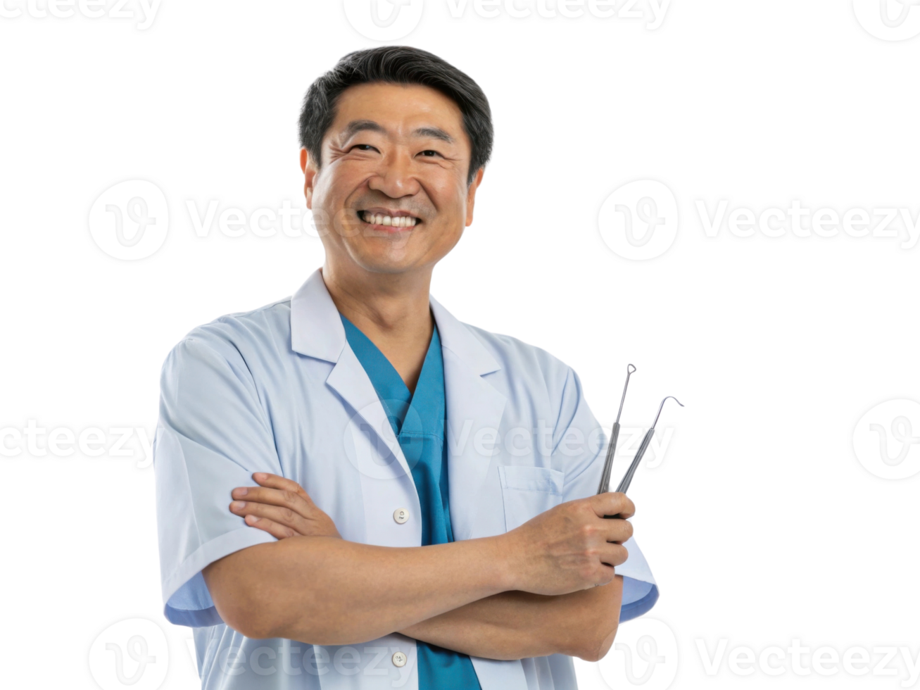 smiling dentist in white coat holding dental tools, exuding confidence and professionalism png