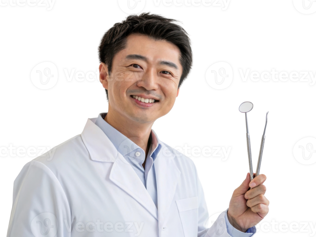 smiling dentist holding dental tools, wearing white coat and blue shirt png