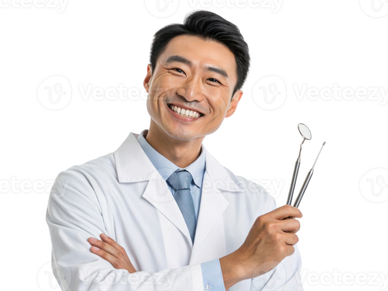 Smiling dentist holding dental tools, wearing white coat and tie png