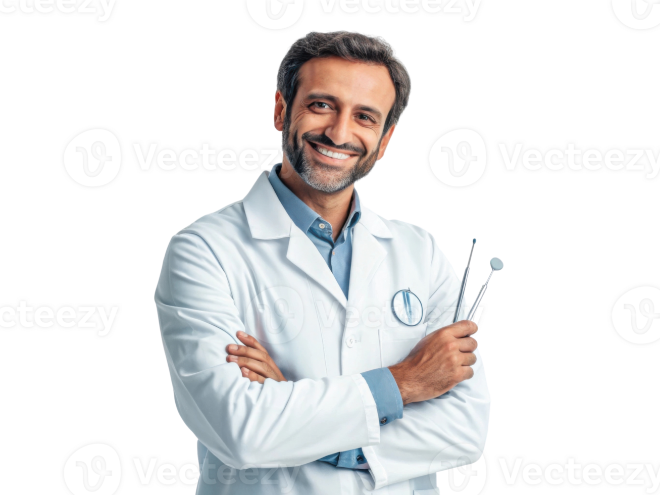 Smiling male dentist in white coat holding dental tools, exuding confidence and professionalism png