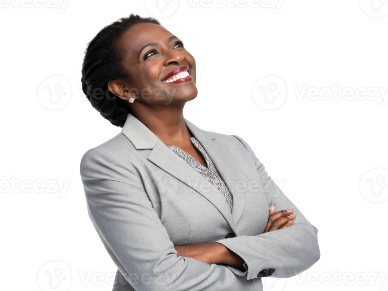 Confident woman smiling, wearing gray suit, arms crossed, looking up png