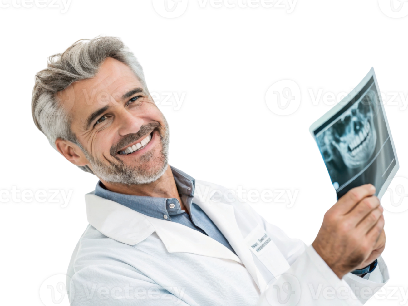 smiling dentist holding X ray image, wearing white coat, showcasing professionalism and care png