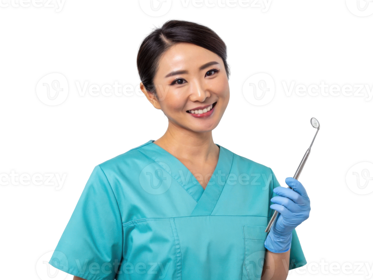 Smiling woman in dental scrubs holding dental tool, ready to assist patients png